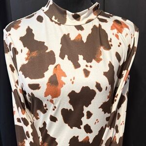 Brown and White Cow Print Turtleneck Top